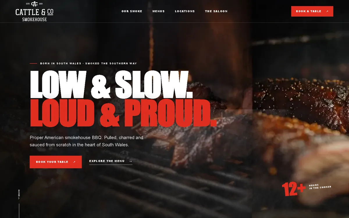Cattle & Co spec build — Low & Slow, Loud & Proud hero over the smoker