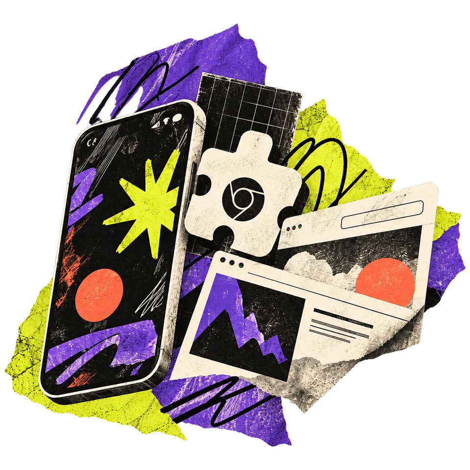 A textured cut-paper collage of a phone, a browser-extension puzzle piece and website windows in purple, lime and coral.