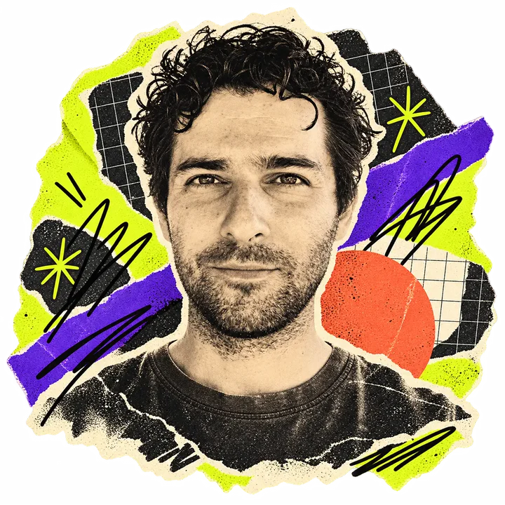 Tom Keddie, cut out in a collage of torn lime, purple and coral paper.
